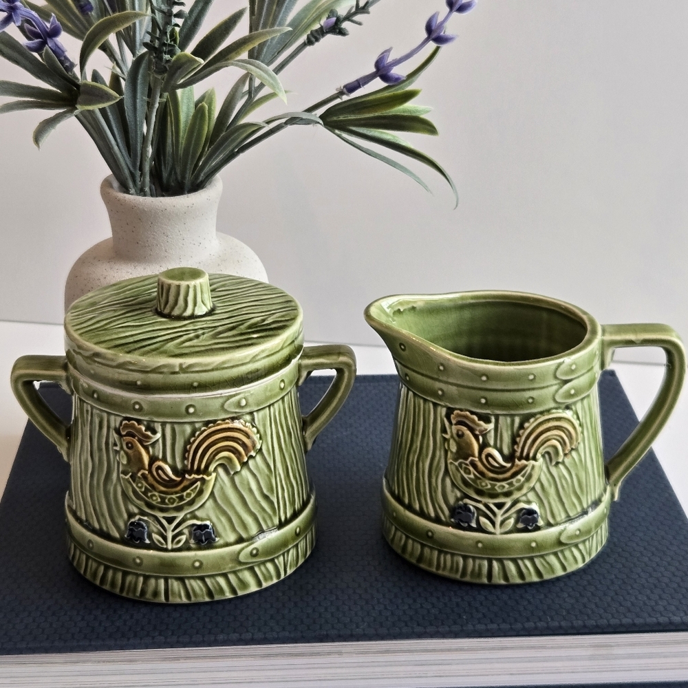 Vintage 1960s Inarco Japan Green Ceramic Rooster Sugar And Creamer Set